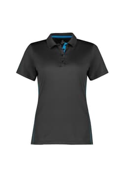 A women's short sleeve polo shirt in black with blue accents and a logo.