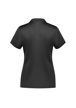 A women's short sleeve polo shirt in black, featuring a branded logo and a sleek design.