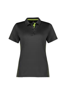 A women's short sleeve polo shirt in black with green accents and a logo.