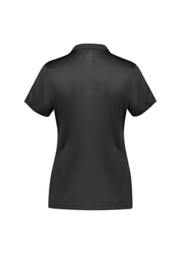 A women's short sleeve polo shirt in black with a subtle logo and detailed stitching on the back.