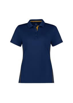 A navy blue women's short sleeve polo shirt with yellow accents and branding on the collar.
