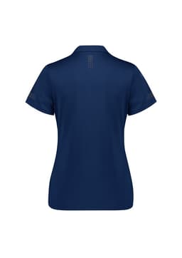 A women's short sleeve polo shirt in navy blue, featuring a logo and decorative detailing on the sleeves.