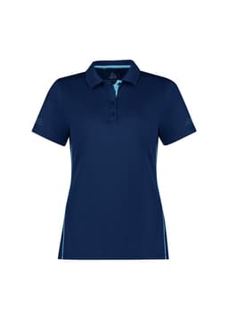 A women's short sleeve polo shirt in navy blue with light blue accents and a logo on the chest.