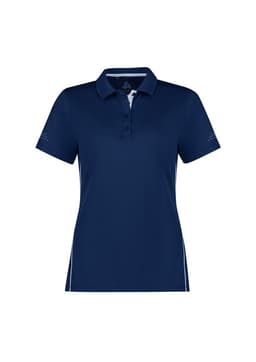 A navy blue women's polo shirt featuring a collar, button placket, and logo detailing on the sleeves.