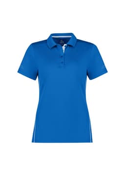 A blue women's short sleeve polo shirt with a collar and a logo. It features decorative detailing on the sleeves.