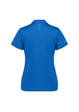 A women's short sleeve polo shirt in bright blue with a subtle logo and pattern detail on the sleeves and back.