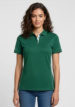 A green women's short sleeve polo shirt with a collar and branding, paired with light blue jeans.