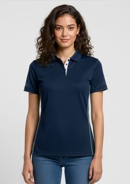 A navy women's short sleeve polo shirt featuring a white collar and subtle logo details.