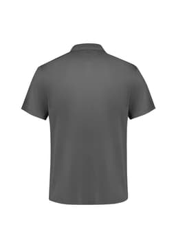 A grey men's short sleeve polo shirt with a logo, featuring a simple, minimalist design.