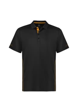 A black short sleeve polo shirt with yellow accents and a logo on the chest.