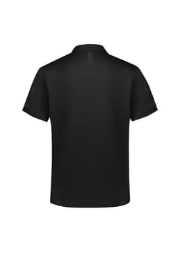 A black short sleeve polo shirt featuring detailing on the sleeves and back, with a logo present.