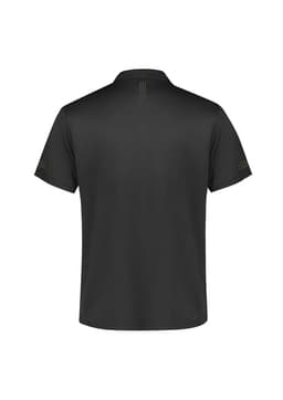 A black short sleeve polo shirt featuring a logo and dotted design on the back and sleeves.