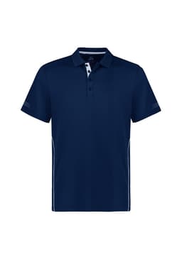 A navy short sleeve polo shirt featuring a collar, buttons, and a logo on the chest.