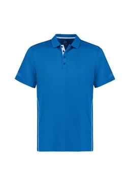 A blue men's short sleeve polo shirt with a collared neckline and a logo, featuring white detailing on the sides.