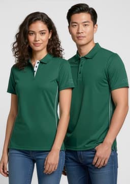 A green women's short sleeve polo shirt with a collar and logo, paired with a male model in a matching green shirt.