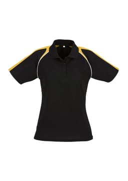 A women's short sleeve polo shirt in black with yellow accents and a logo on the chest area.