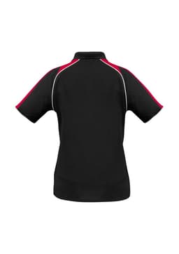 A black women's short sleeve polo shirt with red and white accents. It features a collar and has a logo.