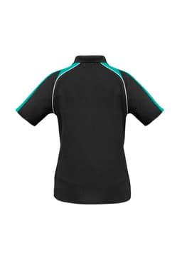 A black women's polo shirt with teal accents, featuring a logo on the back.