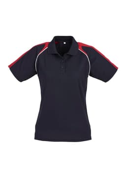 A women's short sleeve polo shirt featuring a navy body with red shoulders and white detailing, including a logo.