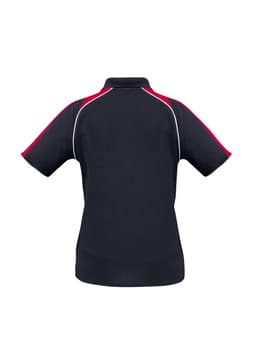 A women's short sleeve polo shirt in navy with red accents and a logo. Features a classic polo collar and sporty design.