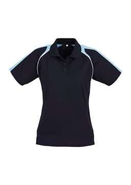 A women's short sleeve polo shirt in navy blue with light blue accents and a collar. Features a logo.