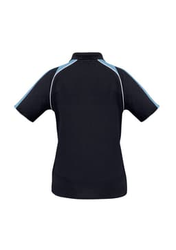 A black women's short sleeve polo shirt with light blue accents and a logo. The back view highlights the design and fit.