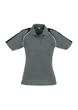 Women's short sleeve polo shirt in grey with black and white accent details; features a collar and a logo.
