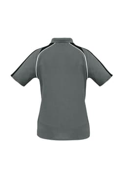 A women's short sleeve polo shirt in grey with contrasting black trim and a logo.