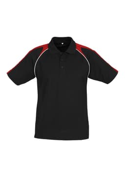 A black polo shirt with red shoulder accents and white detailing, featuring a collar and short sleeves.