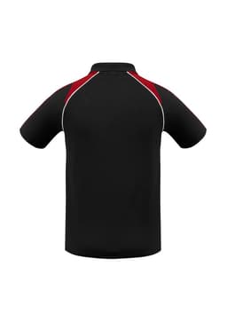 A black men’s polo shirt with red accents and a collar, featuring a logo on the chest.