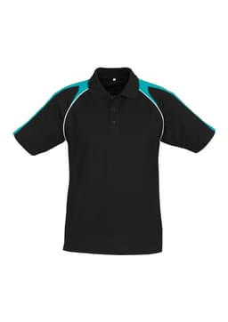 A black short sleeve polo shirt with teal accents and a logo on the chest.