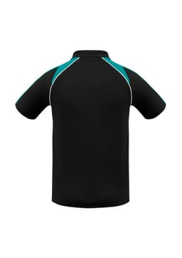 A black short sleeve polo shirt features turquoise accents and has a logo on the back.