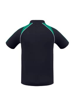 A men's short sleeve polo shirt in black with green accents and a logo.