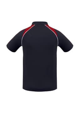 A navy men's polo shirt with red accents and a logo, featuring short sleeves and a classic collar.