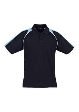 A men's polo shirt in navy blue with light blue accents and a logo on the chest.