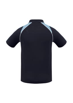 A black short sleeve polo shirt with light blue accents and a logo on the chest area.