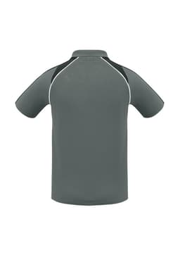 A grey short sleeve polo shirt featuring black accents and a logo on the chest.