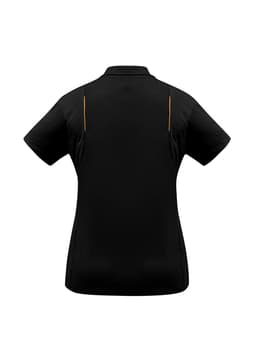 A black women's short sleeve polo shirt with a streamlined design and contrasting details. Features a logo.