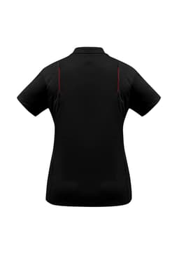 A women's short sleeve polo shirt in black with red detailing and a logo on the back.