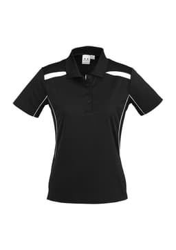 A black women's short sleeve polo shirt featuring white stripes and a collar, with a logo on the chest.