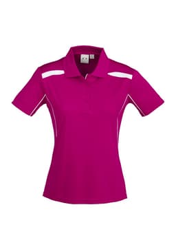 A vibrant purple women's polo shirt featuring white accents and a logo on the chest area.