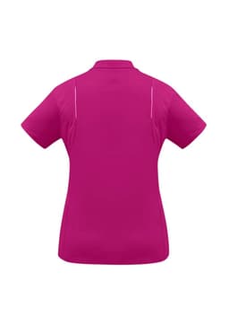A women's short sleeve polo in vibrant magenta. The back features a subtle design and has a logo.