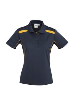 A women's short sleeve polo shirt in navy blue with yellow accents and a branded logo.