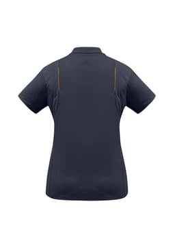 A women's short sleeve polo shirt in dark grey, featuring a branding logo on the back.