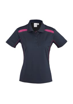 A women's short sleeve polo shirt in navy blue with pink accents and a logo on the chest.