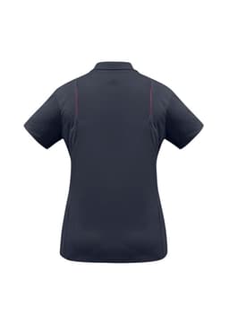 A navy women's short sleeve polo shirt with a fitted design and subtle detailing on the back. It features a logo.