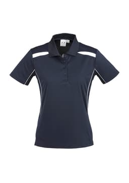 A navy women's short sleeve polo shirt with white accents and a logo on the collar.