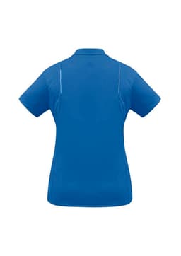 A blue women's short sleeve polo shirt with a logo, featuring a sleek design and sporty look.