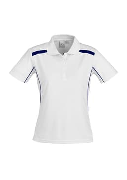A white women's short sleeve polo shirt with blue accents and a logo on the chest.
