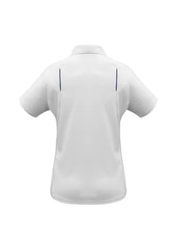 A white women's polo shirt featuring short sleeves and a sleek design, with contrasting details and branding.